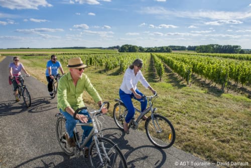 Cyclistes traversant les vignobles près de Souvigny-de-Touraine, circuit touristique Vacances en Touraine.