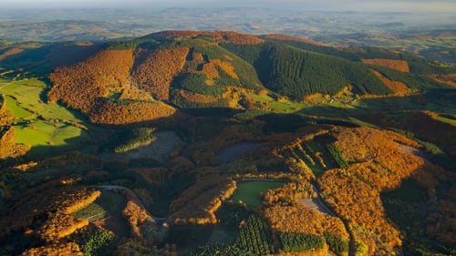 Aerial view of autumn forests and lakes near Château de Vaux Morvan in Étang sur Arroux, France