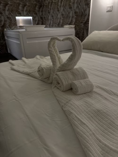 Letto con cigni di asciugamani bianchi e asciugamani arrotolati nell'appartamento Enjoy House Bracciano, Bracciano Italia