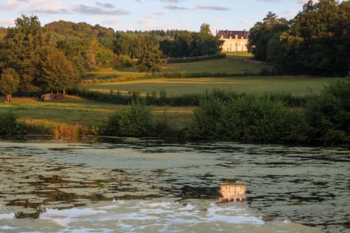 Château de Vaux Morvan B&B reflected in river with lush grounds in Étang sur Arroux, France