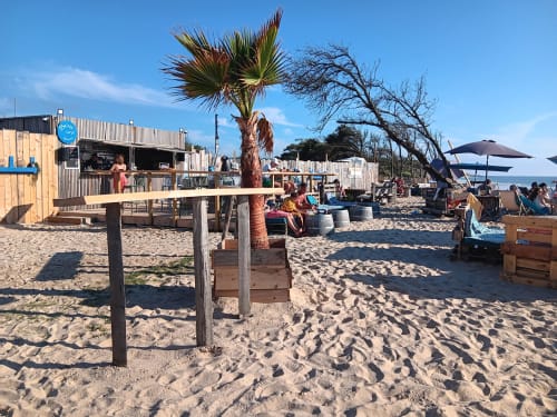 Bar de platja i zona lounge al Manoir Lacustre a Queyrac amb palmeres i sorra