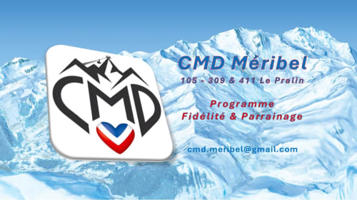Logo et coordonnées de CMD Méribel Le Pralin sur fond de montagne enneigée aux Allues