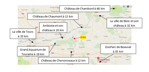 Carte localisant le gîte Vacances en Touraine à Souvigny-de-Touraine avec châteaux et attractions à proximité dans un rayon de 50km