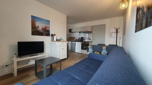 Modernes Wohnzimmer eines Landhauses mit blauem Sofa, Fernseher und Kochnische in Locacharme Gîte Des Cygnes in Blois