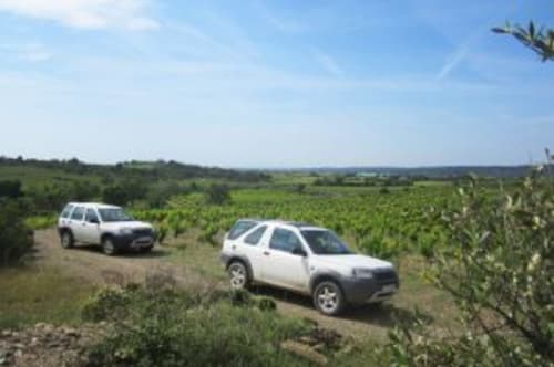 White SUVs parked on vineyard road at Can Gat Vell B&B in Girona, Empordà, Catalunya