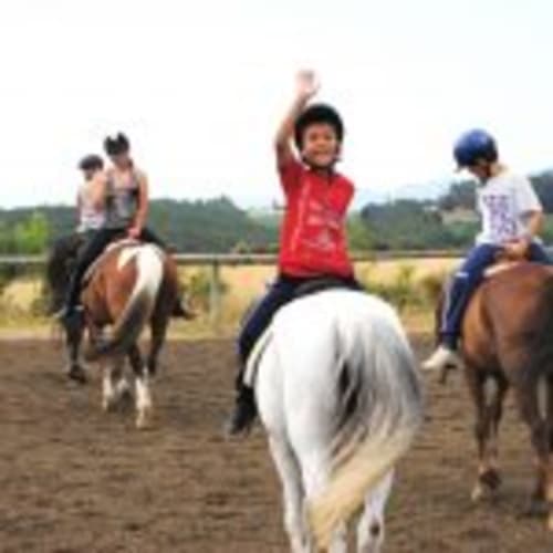 Children enjoying horseback riding at Can Gat Vell, a rural bed and breakfast in Girona, Empordà-Catalunya.