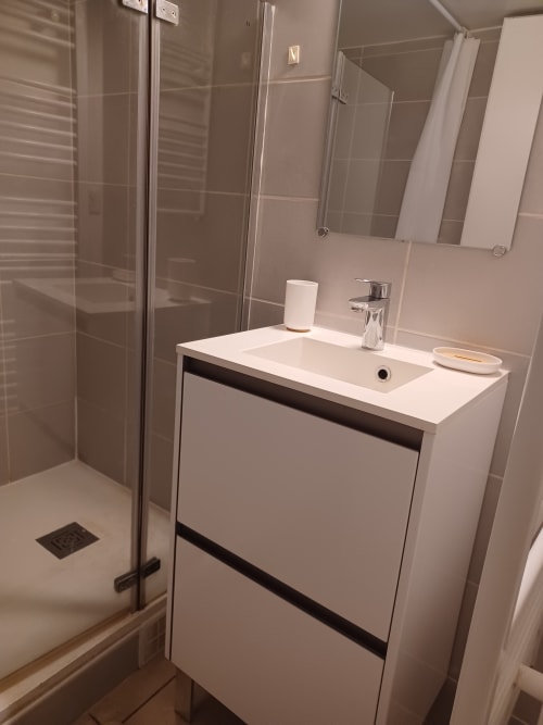 Salle de bain moderne de l'appartement Accolade à Châteaudun avec vasque blanche, douche vitrée et équipements contemporains