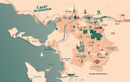 Carte touristique du Marais Poitevin et de la Charente-Maritime : situation idéale de la maison d'hôtes La Chabanaise à Cram-Chaban pour visiter La Rochelle, l'Île de Ré et Niort.