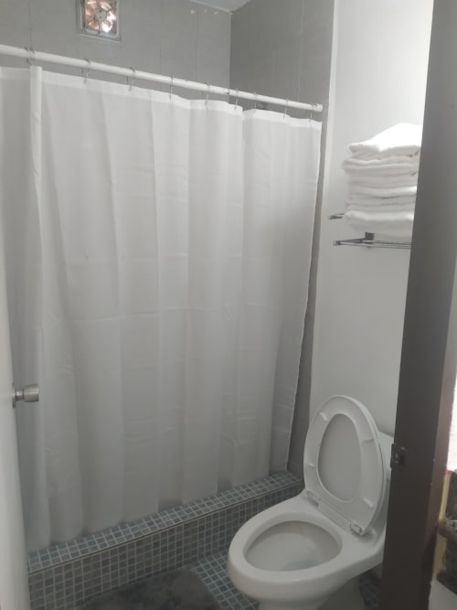 Baño del Hotel Estrella en Matamoros con ducha, inodoro y toallas blancas en el toallero