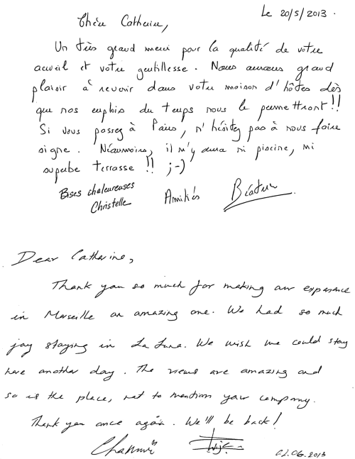 Lettres de remerciements manuscrites félicitant la maison d'hôtes La Luna Marseille pour son excellente hospitalité et ses vues magnifiques