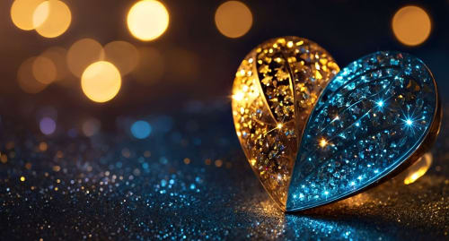 Two glowing heart-shaped ornaments in gold and blue sparkle on dark surface, symbolizing romance at Les Secrets de Winna.