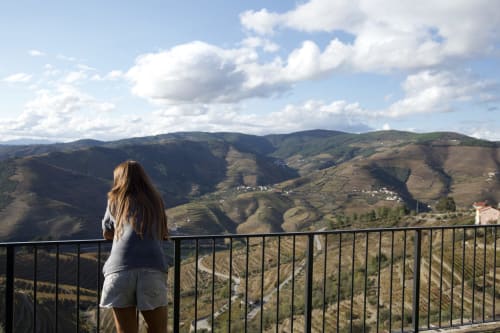 Mulher admirando as vinhas em socalcos e o vale da Quinta do Fraguil, Valença do Douro, Portugal