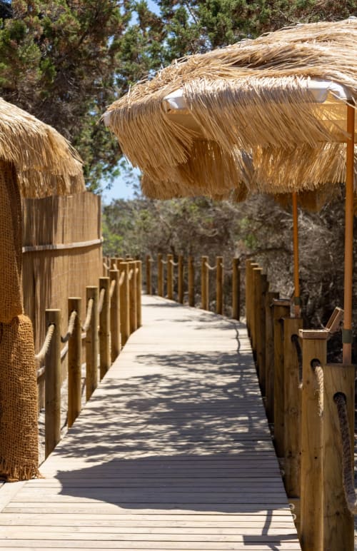 Pasarela de madera con toldo de techo de paja en el hotel Formentera Especial en La Savina, rodeada de pinos