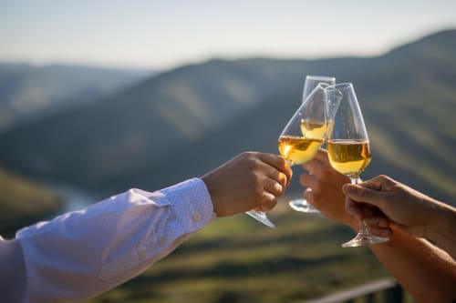 Dois pessoas brindam com taças de vinho com a paisagem do Vale do Douro ao fundo na Quinta do Fraguil