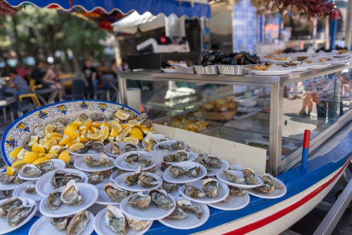 Étalage d'huîtres fraîches et fruits de mer au marché du front de mer de Catania, quartier Aparthotel Bentivoglio