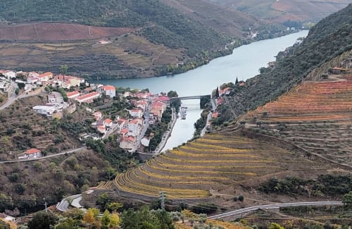 Aerial view of Quinta do Fraguil overlooking terraced vineyards and Douro River in Valença do Douro, Portugal