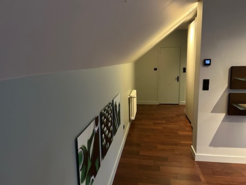 Modern hallway in Le Petit Château apartment with wooden floors, sloped ceiling, and contemporary lighting