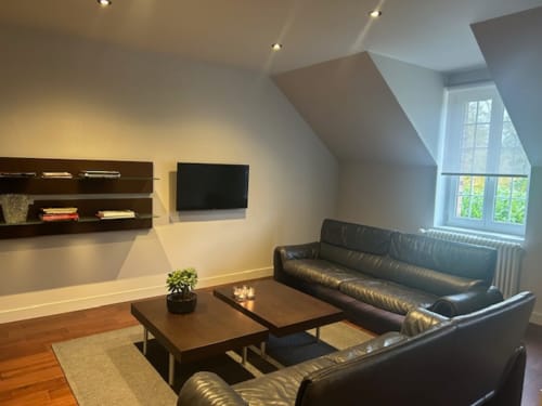 Modern apartment sitting area at Le Petit Château with black leather sofa, wooden table, wall-mounted TV, and garden view
