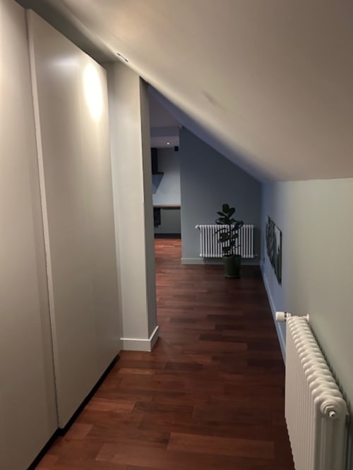 Modern hallway at Le Petit Château B&B in Baye with wooden flooring, white walls, radiator, and plant décor