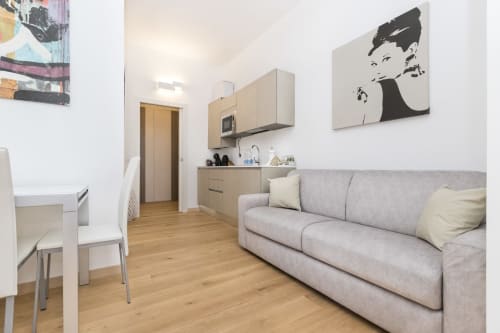 Modernes Studio in den Magnolia Apartments Mailand mit grauem Sofa, Küchenzeile, Holzboden und Wandkunst