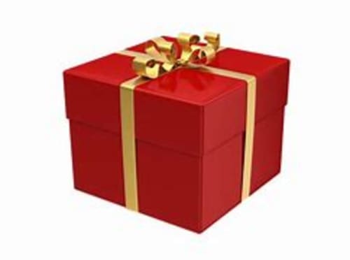 Red gift box with gold ribbon and bow at Les logis de Kergoulou, Concarneau