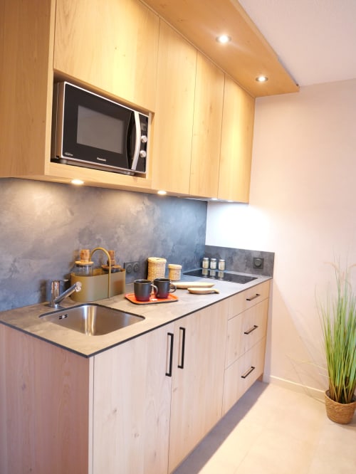 Kitchenette moderne dans un appartement de Brides-les-Bains avec meubles en bois, micro-ondes, plaque de cuisson et évier en acier inoxydable