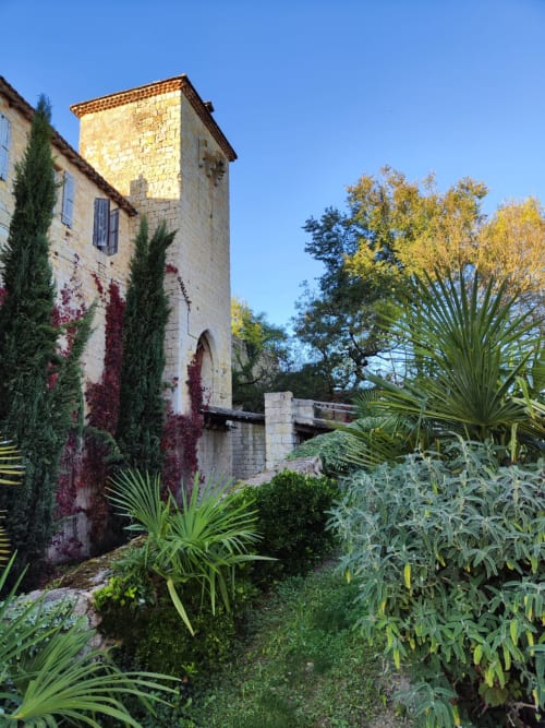 Torre en pierre historique au Rêve d'Alice, lierre, cyprès et plantes méditerranéennes à Saint-Puy
