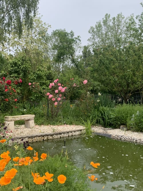 Jardin paysager et mare aux poissons à La Chabanaise : un havre de paix fleuri avec coin détente pour se ressourcer en pleine nature dans le Marais Poitevin.