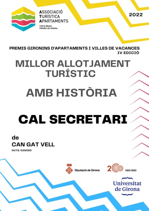 Certificado de reconocimiento para Can Gat Vell, un alojamiento turístico en Girona, por mejor casa rural con historia 2022