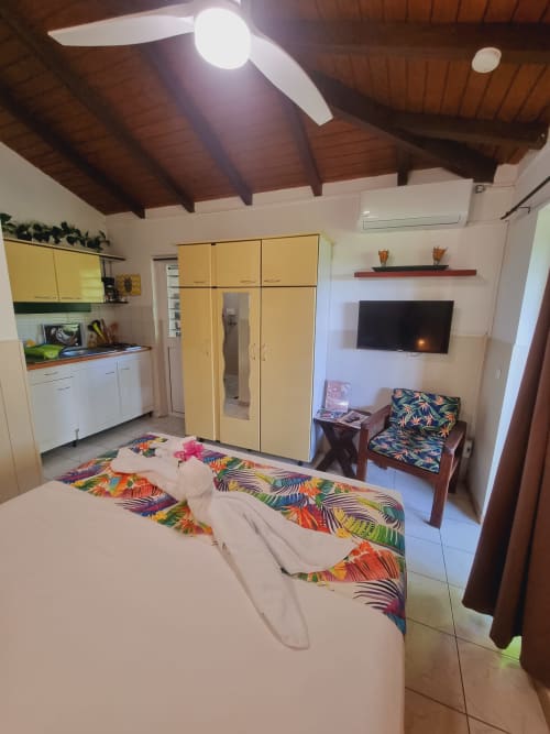 Toumblak studio at Gites Kaladja, Port-Louis: bright room with double bed, yellow wardrobe, kitchenette, TV, and tropical