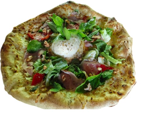 Pizza gourmet con mozzarella fresca, albahaca, tomates y verduras en Gites Kaladja, Port-Louis, Guadalupe