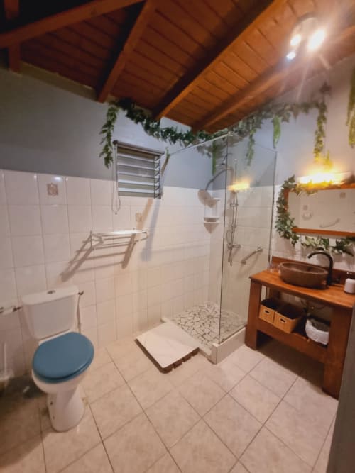 Modern bathroom at Gites Kaladja with wooden beams, shower, toilet, and wooden vanity sink