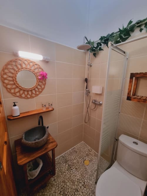 Modern bathroom in Gites Kaladja studio with stone sink, rainfall shower, and tropical decor including living plants