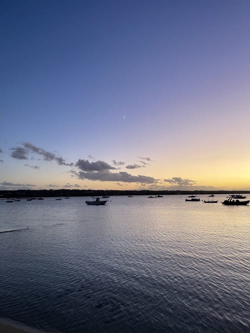 Atardecer sobre el puerto de La Savina con embarcaciones fondeadas y luna creciente, Formentera Especial