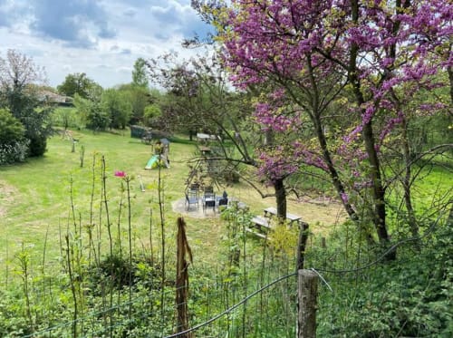 le jardin au printemps, un hâvre de paix - tables de pique-nique, jeux pour petits et grands, animaux le petit moulin Pouzauges