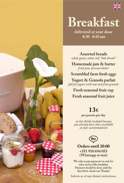Villa Várzea breakfast service menu with fresh fruit, bread, eggs, yogurt, and juice at 13€ per person