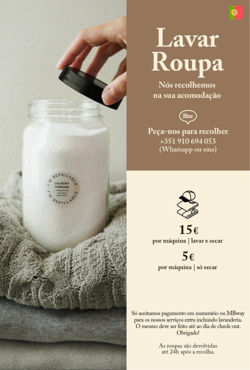 Laundry service poster for Villa Várzea showing refillable laundry powder jar with pricing details for washing and drying