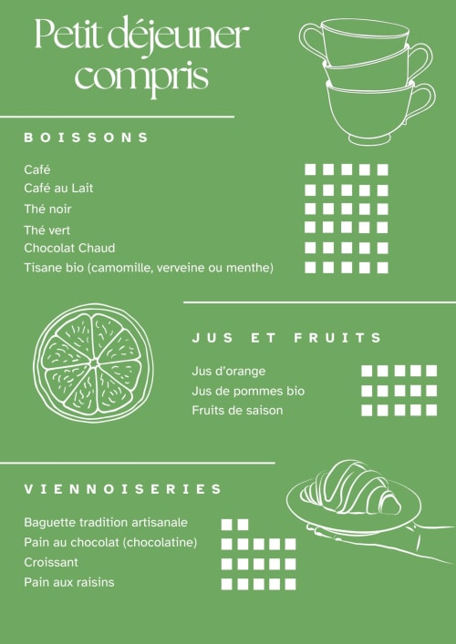 Le Fassardy breakfast menu in Châteauroux featuring coffee, tea, juices, pastries and viennoiseries