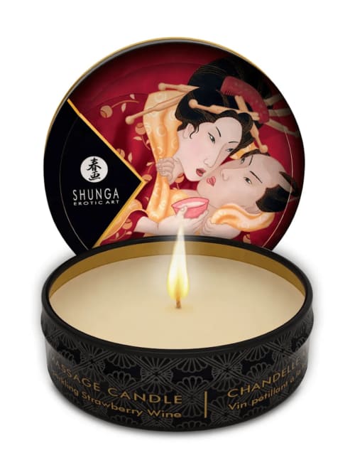 Bougie de massage Shunga parfum vin de fraise dans un élégant contenant rouge et noir