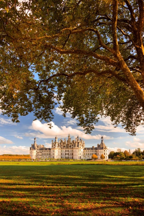 Château de Chambord vue à travers les jardins d'automne à Bracieux, France avec voûte de feuillage