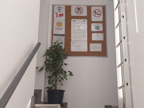 Panneau de liège avec règles de la maison et avis au-dessus d'une plante en pot dans l'escalier de la chambre Nancy, Gîte Vandœuvre-lès-Nancy