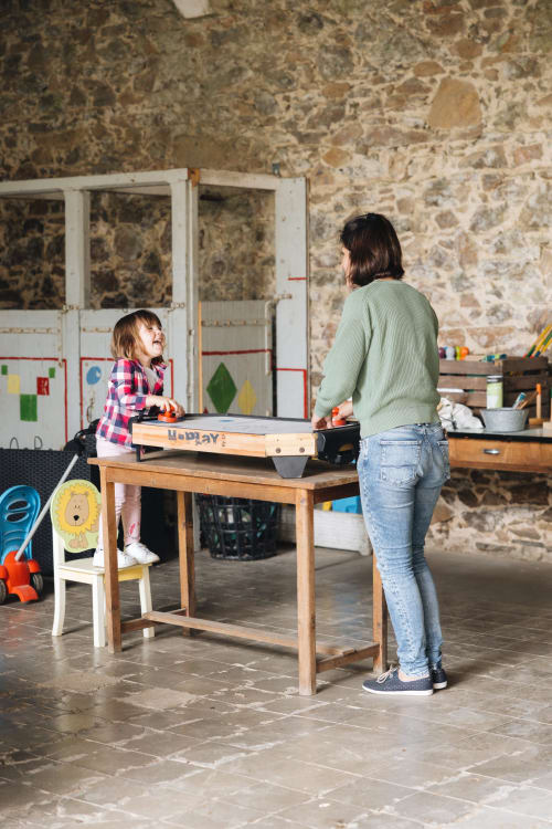 Un adulte et un enfant jouent à un jeu de société à La Maison D'olivier, gîte à Mesnard La Barotière