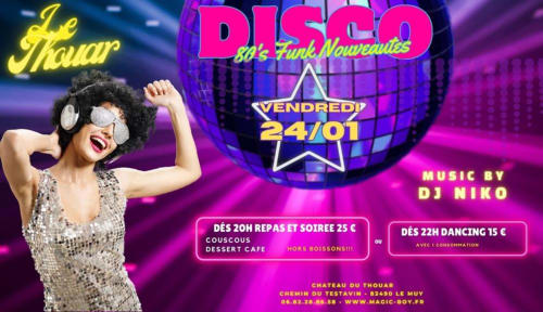 Disco 80s Funk Nouveautés party event flyer with neon styling and performer