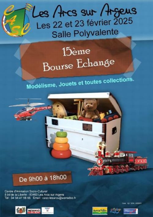 15th toy and model exchange event poster for Les Arcs sur Argens, February 22-23, 2025 at Salle Polyvalente