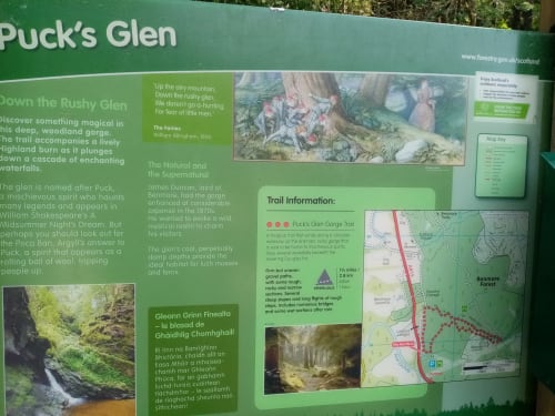 Puck's Glen trail information sign near Dunoon showing waterfall hike details and map