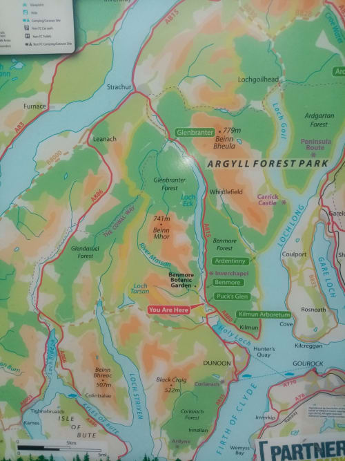 Argyll Forest Park map showing Dunoon location with Grouse Lodge marked, featuring forests and lochs in Scotland