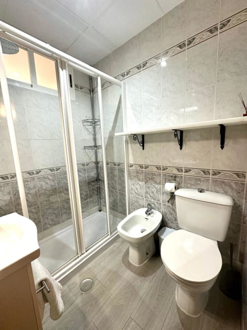 Baño moderno con ducha, inodoro y bidé en apartamento de Mérida, hotel Gestyp-AT