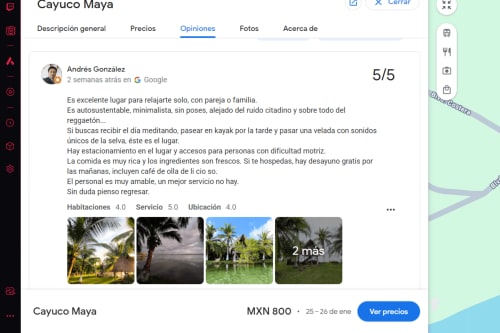 Reseña del hostal Cayuco Maya de Andrés González en Bacalar con calificación de 5 estrellas, mostrando fotos de la propiedad tropical y servicios