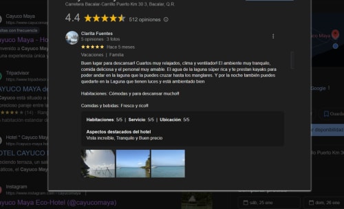 Reseña de huésped del hostal Cayuco Maya con calificación de 5 estrellas y vistas a la laguna en Bacalar, México