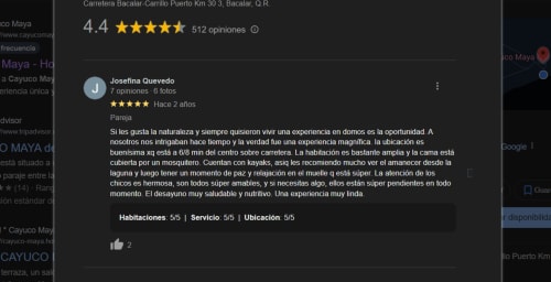 Reseña de 5 estrellas de Josefina Quevedo sobre el hostel Cayuco Maya en Bacalar, elogiando las habitaciones y el servicio